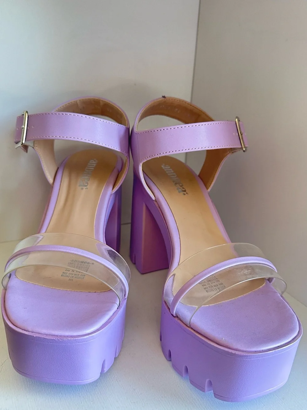 ANDREA FENZI Lilac Platform Block Heel Sandals with Clear Straps